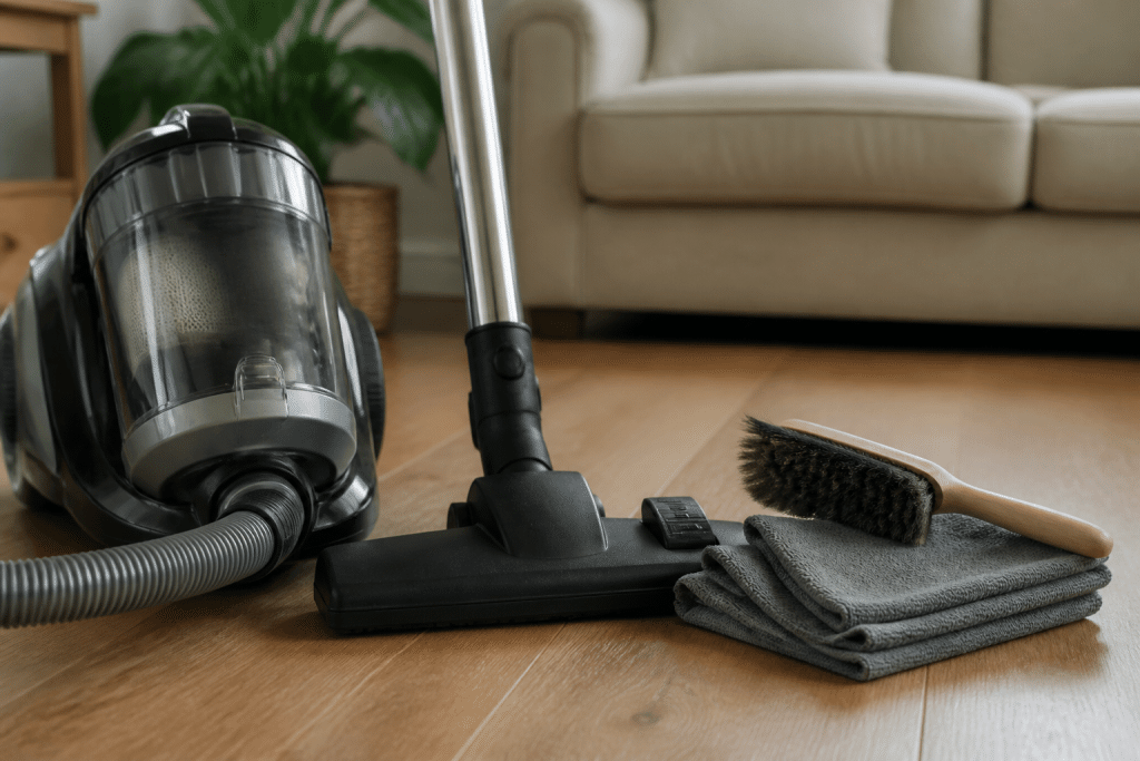 Aspirateur filtre HEPA, chiffons microfibre gris et brosse douce