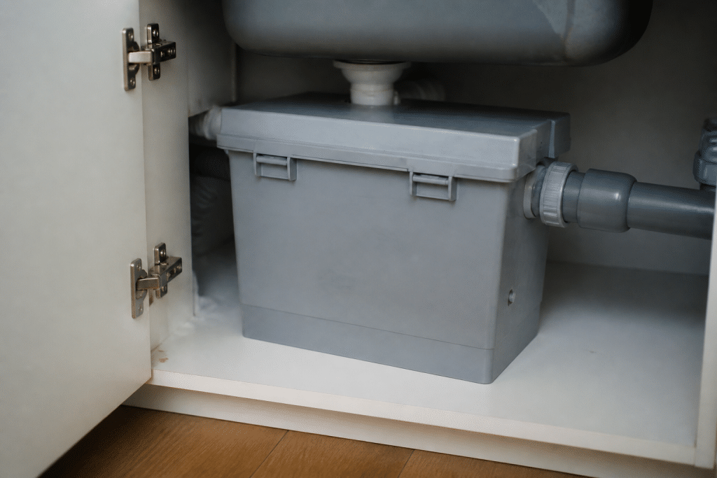 Bac graisse plastique gris installes sous evier cuisine
