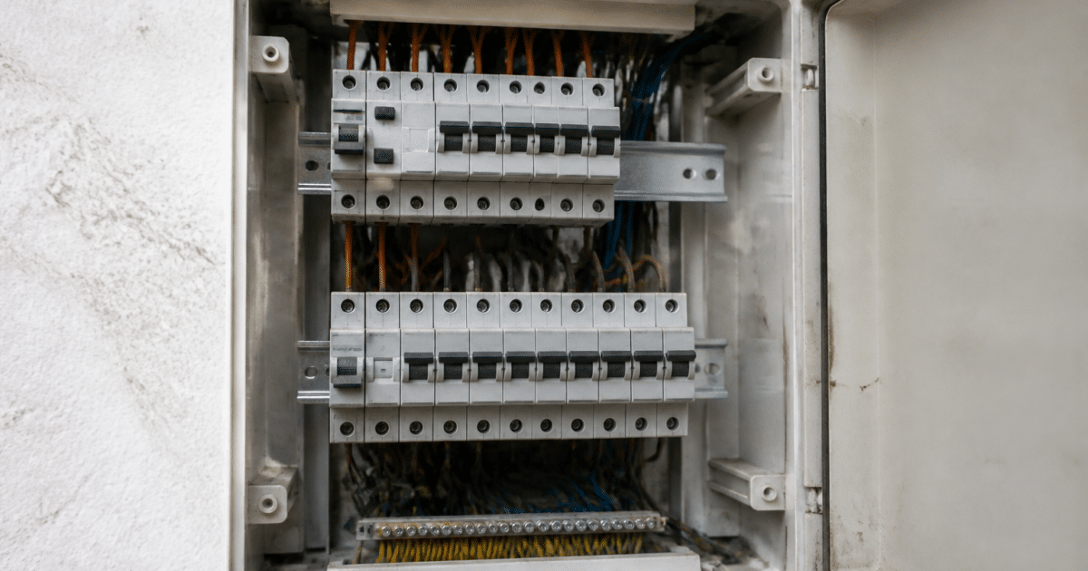 Boitier electrique ouvert affichant disjoncteurs organises sur rail metallique