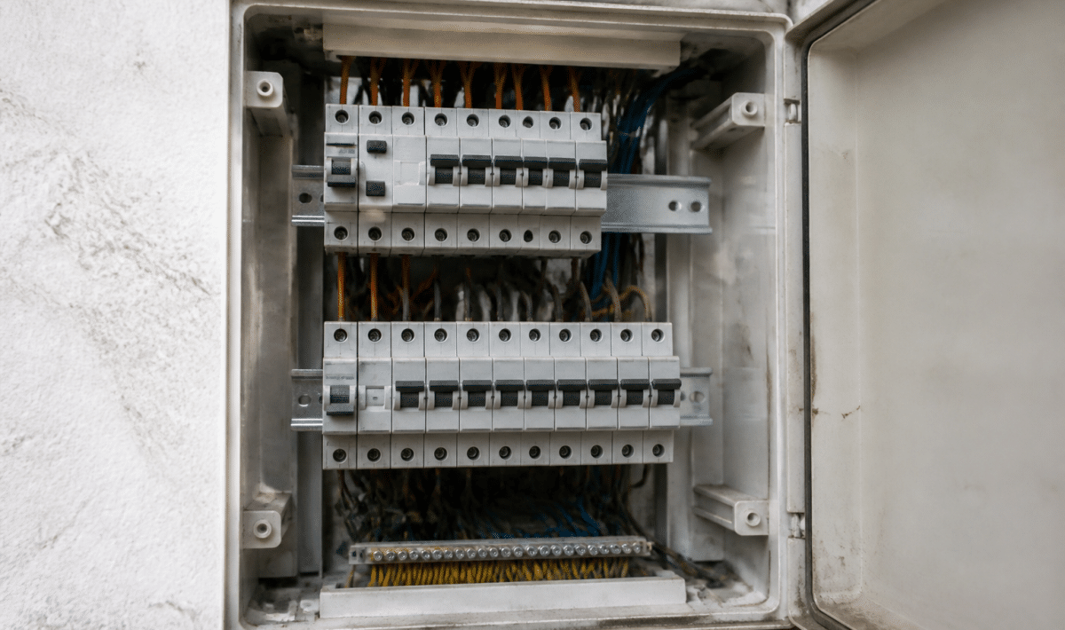 Boitier electrique ouvert affichant disjoncteurs organises sur rail metallique