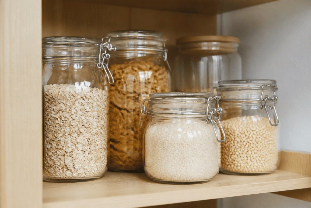 Contenants hermétiques en verre remplis de cereales et riz