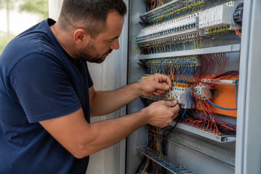 Electricien installe fils colorés dans tableau électrique professionnel