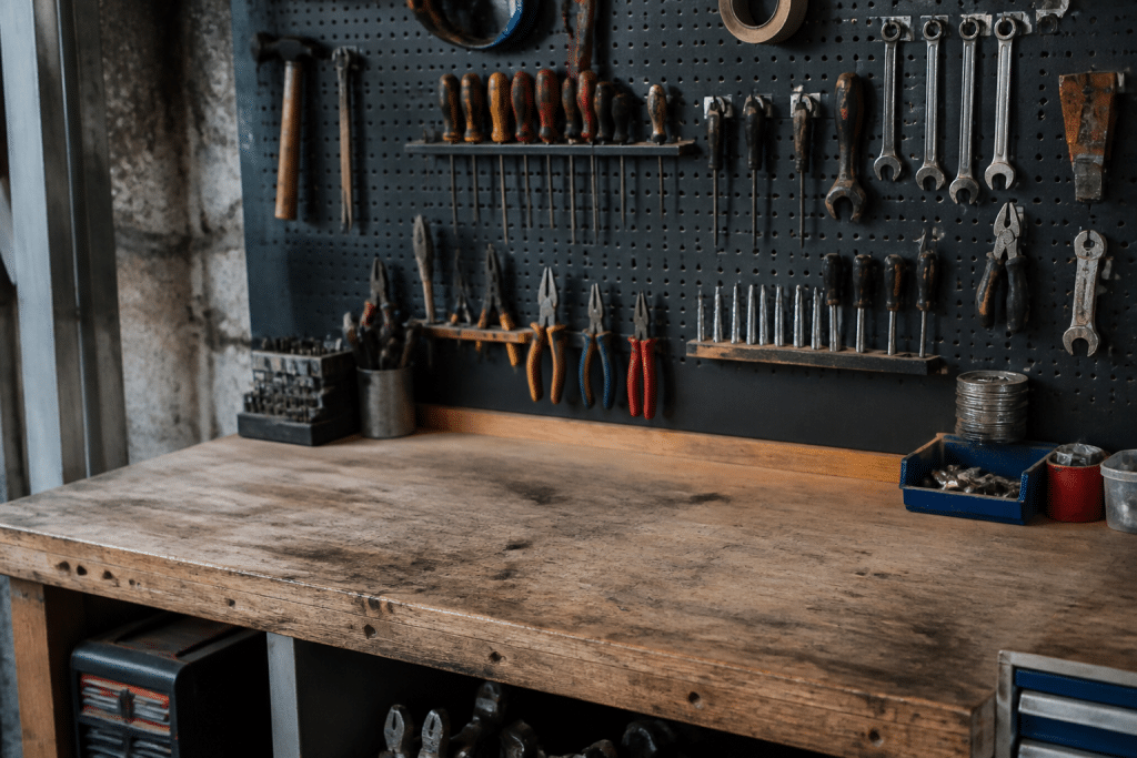 Etabli avec outils ranges dans panneau mural perfore