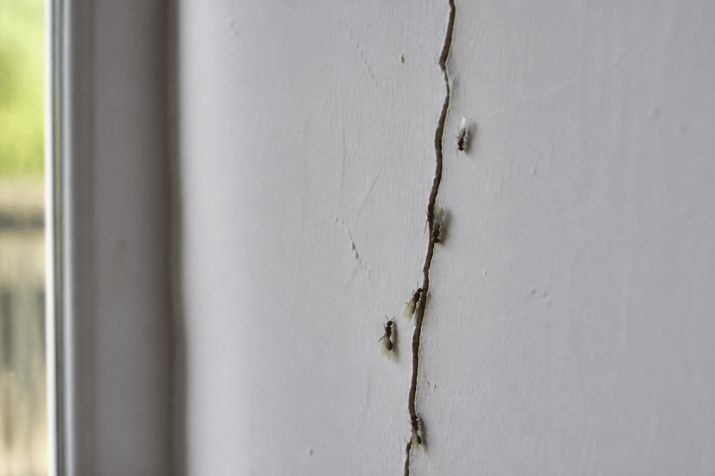 Fourmis ailees rampant sur fissure murale interieure