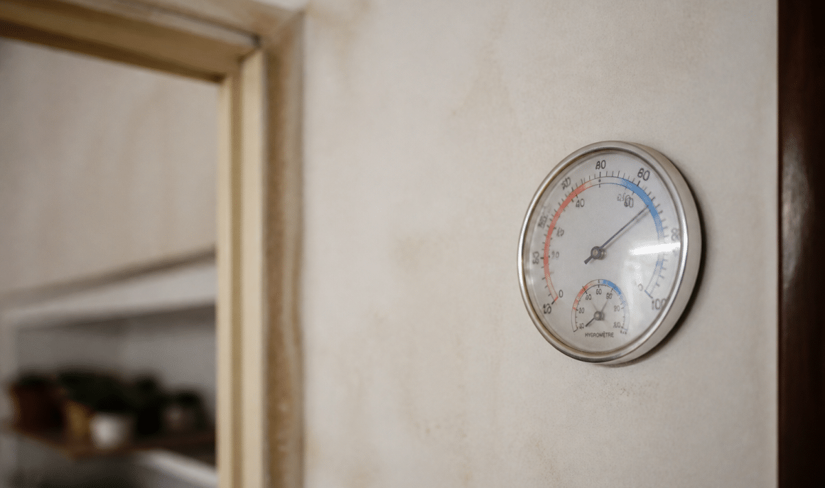 Hygrometre affiche taux humidite eleve sur mur interieur maison