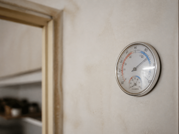 Hygrometre affiche taux humidite eleve sur mur interieur maison