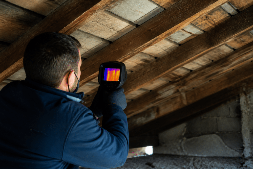 Technicien inspecte charpente avec camera thermique professionnelle