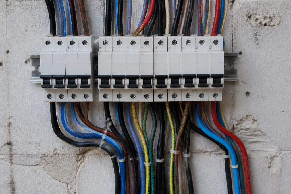 Disjoncteurs et câbles électriques de différentes sections installés