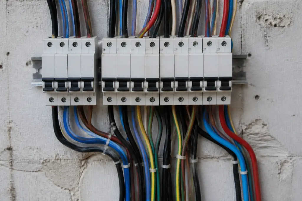 Disjoncteurs et câbles électriques de différentes sections installés