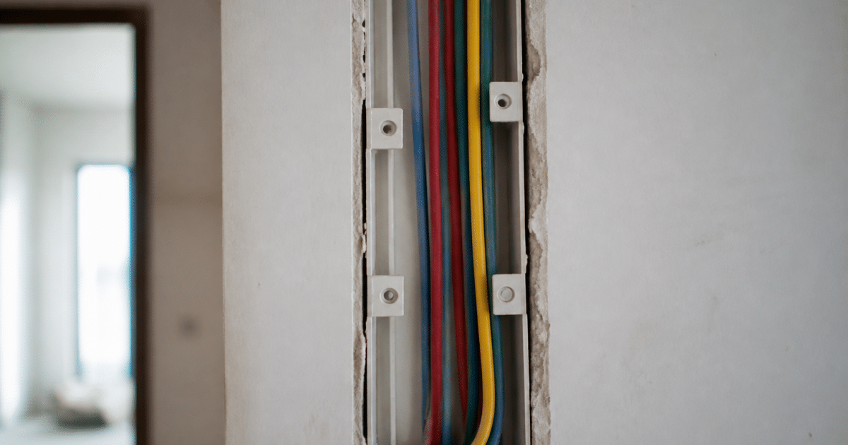 Fils electriques multicolores installes verticalement dans boitier mural
