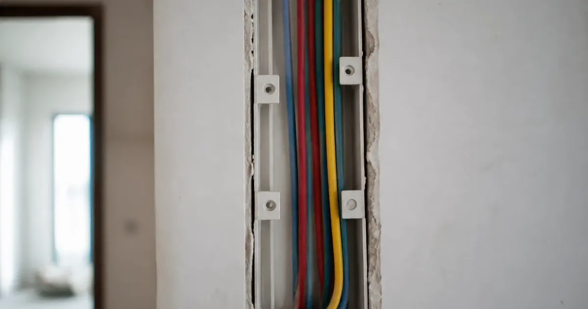 Fils electriques multicolores installes verticalement dans boitier mural