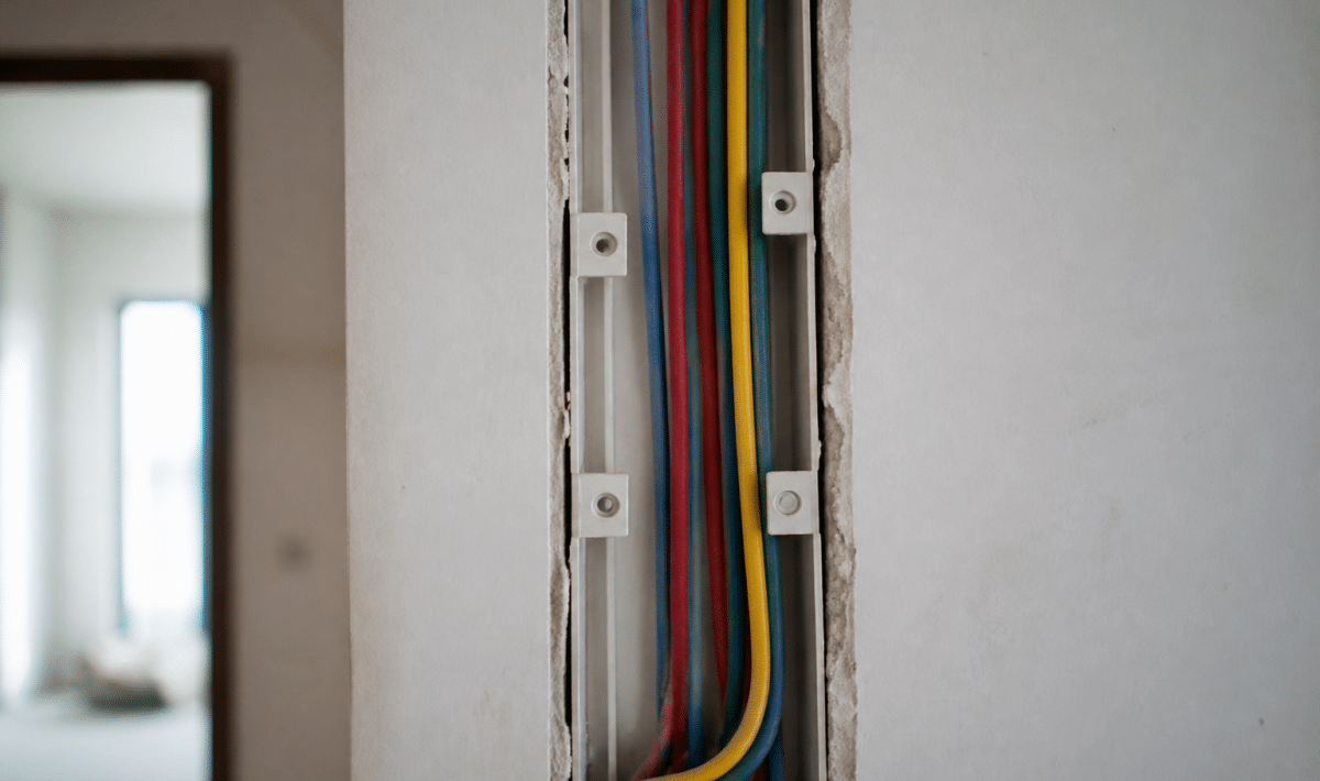 Fils electriques multicolores installes verticalement dans boitier mural