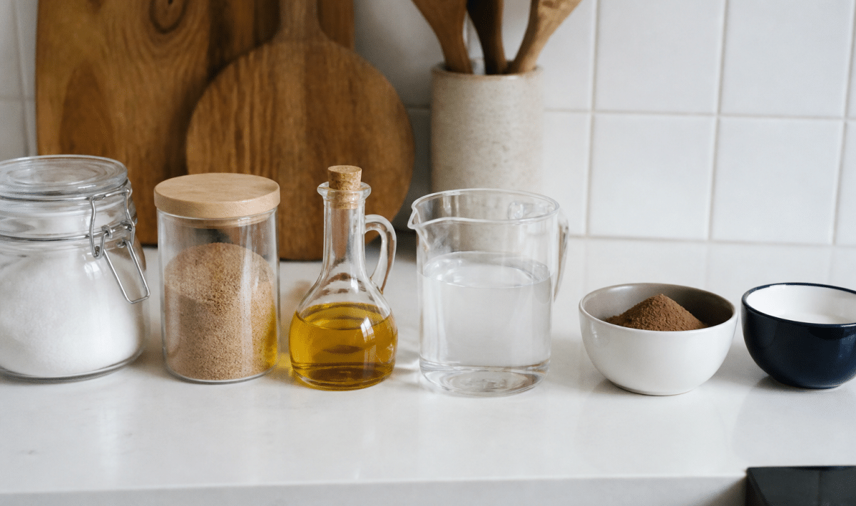 Ingredients et contenants alignes sur plan de travail blanc