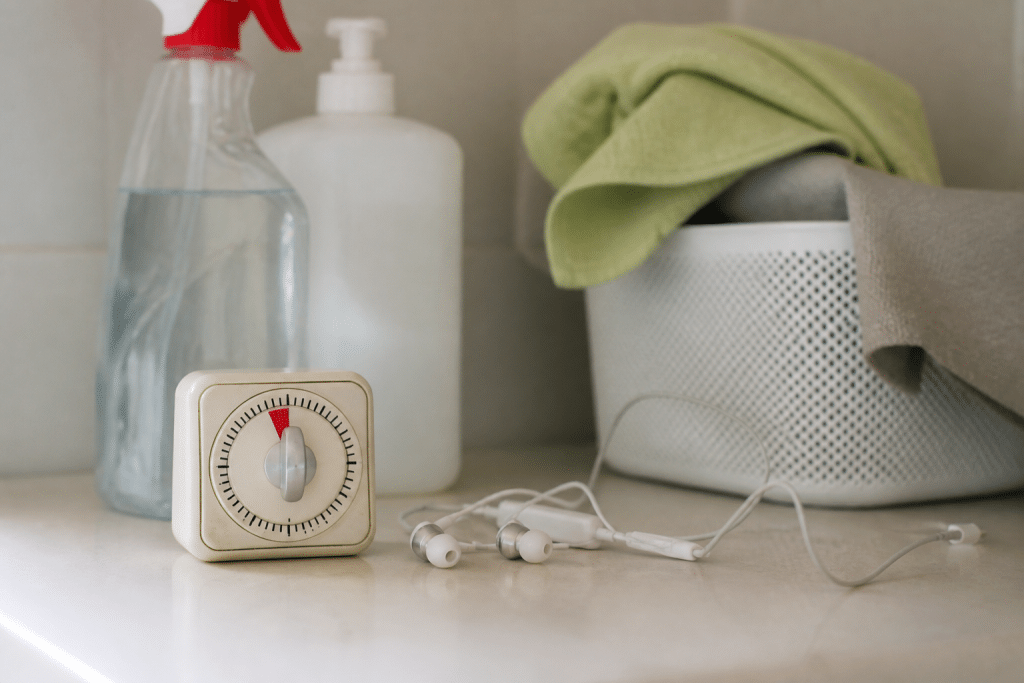 Minuteur a cote d'ecouteurs et produits de nettoyage