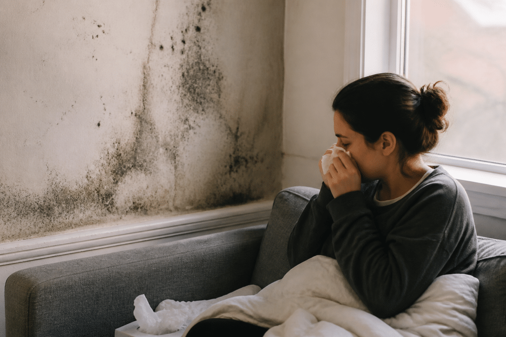 Moisissures noires sur mur humide causant allergies respiratoires
