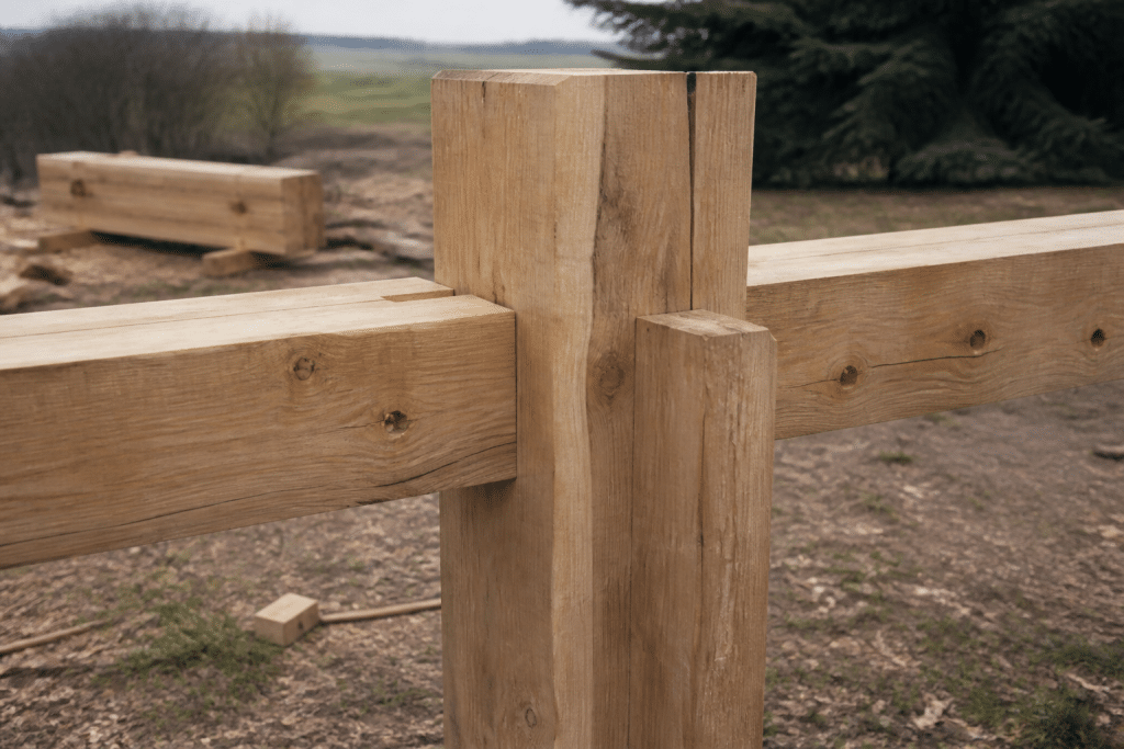 Montants bois epais assembles pour structure portail