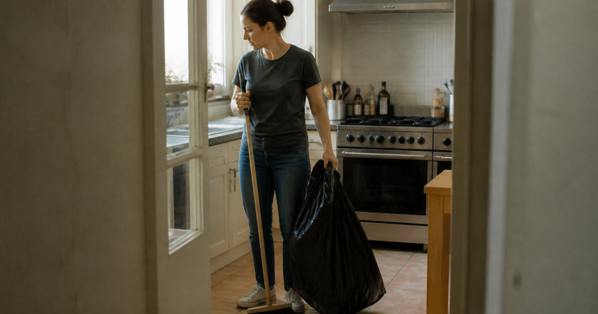 Personne tenant balai et sac poubelle dans cuisine