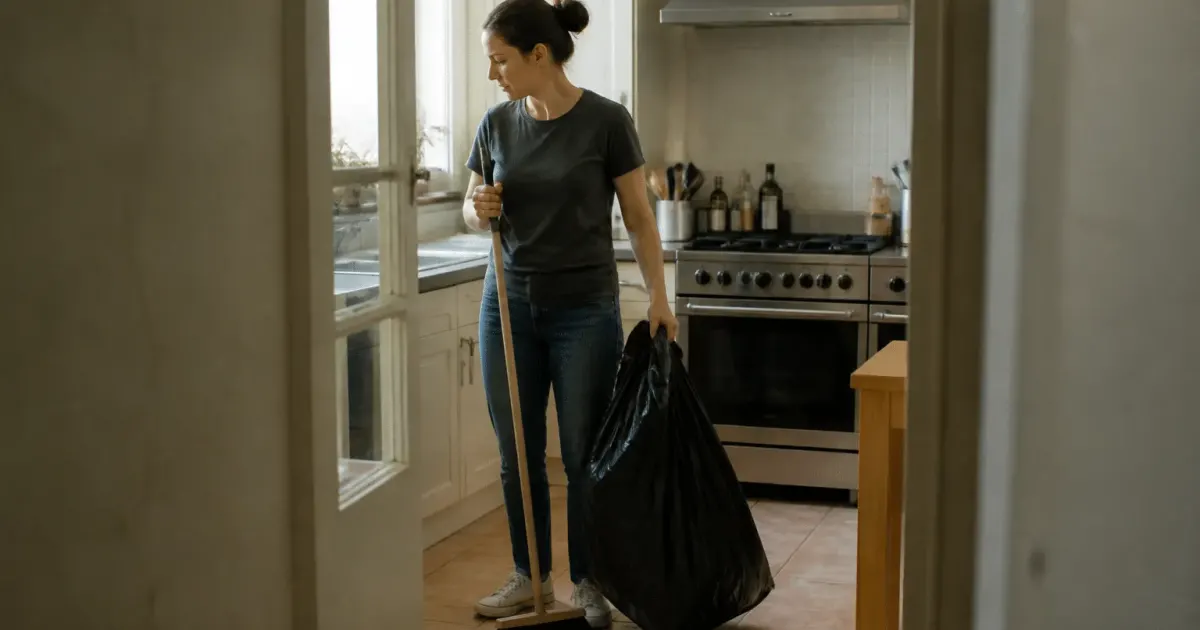 Personne tenant balai et sac poubelle dans cuisine