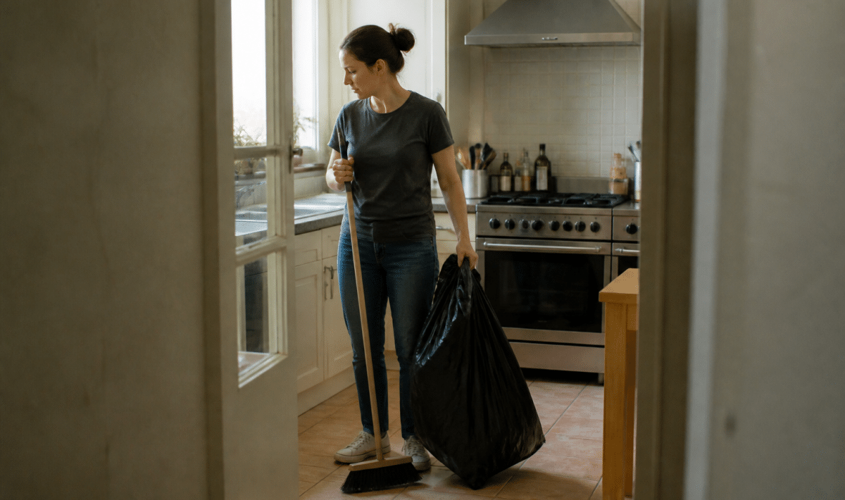 Personne tenant balai et sac poubelle dans cuisine