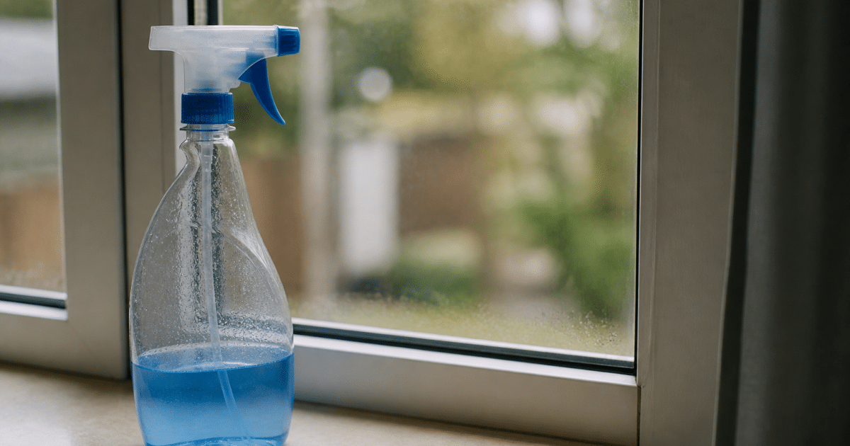 Bouteille de nettoyant pulverisateur posee pres d'une vitre propre