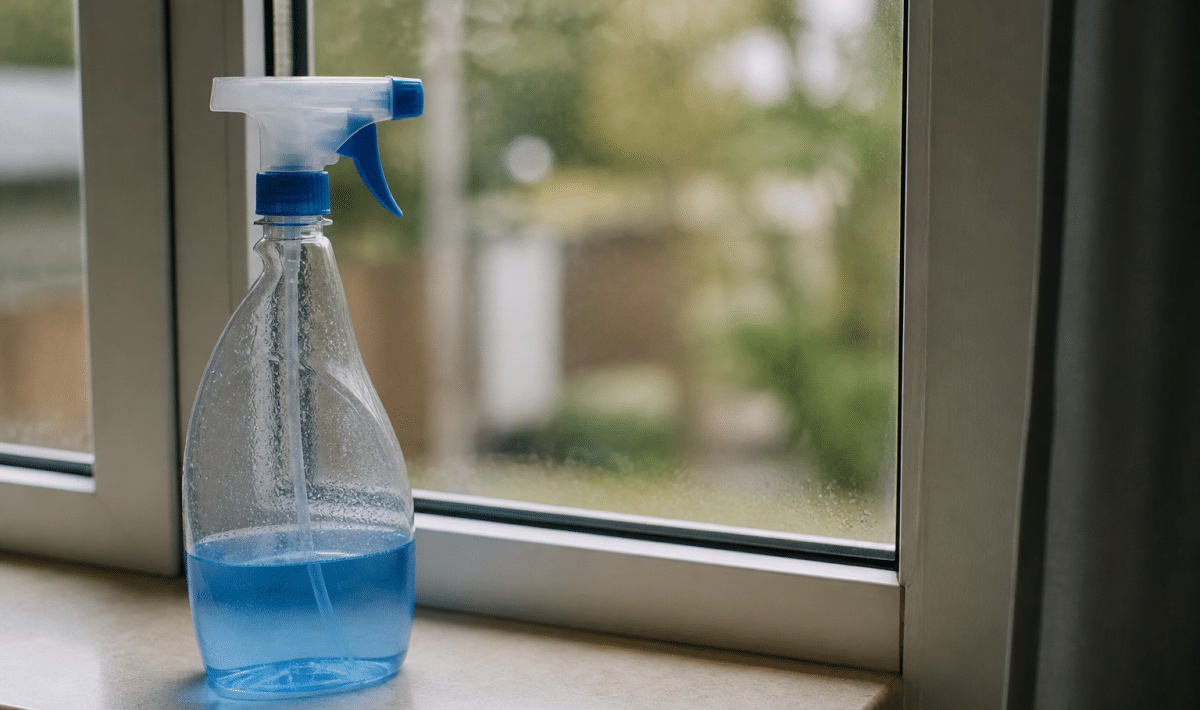 Bouteille de nettoyant pulverisateur posee pres d'une vitre propre