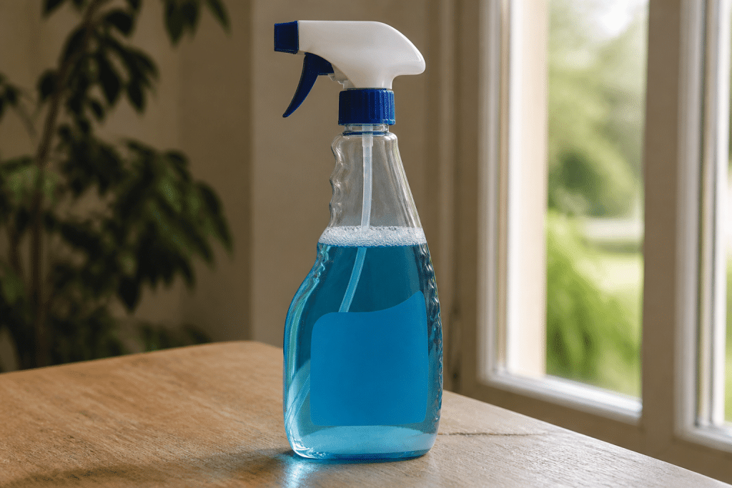 Bouteille de nettoyant vitres avec étiquette de composition visible