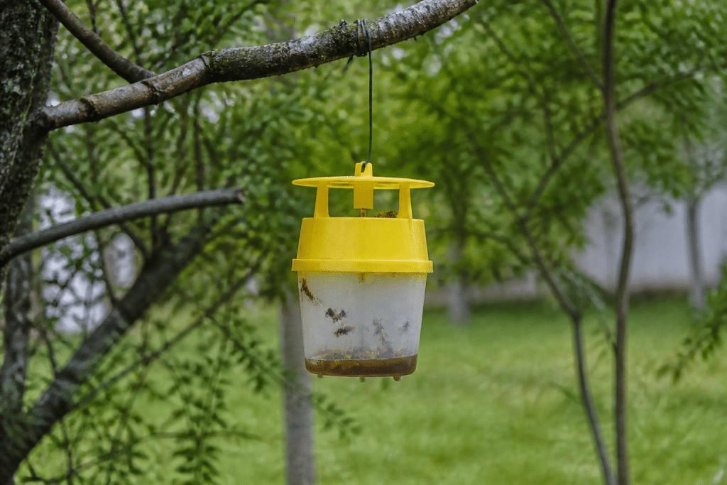 Piege a guepes suspendu a hauteur dans jardin