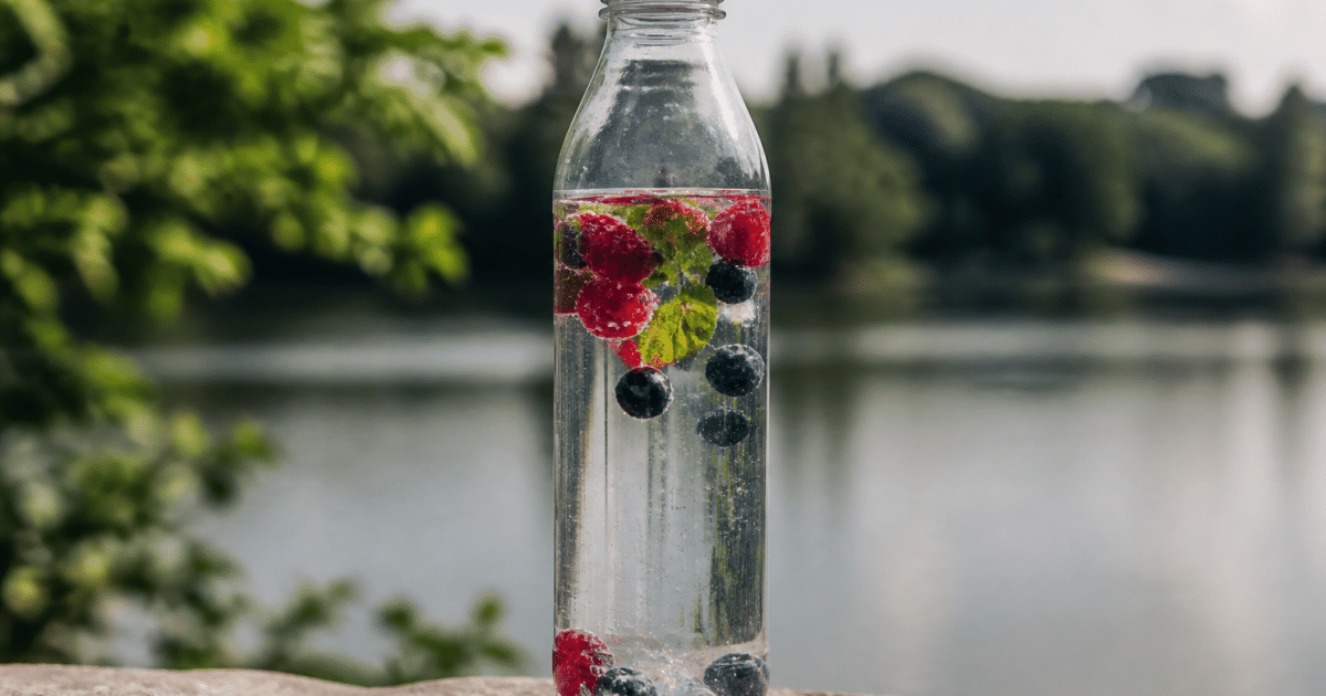Bouteille transparente posee verticalement avec liquide attractif dedans