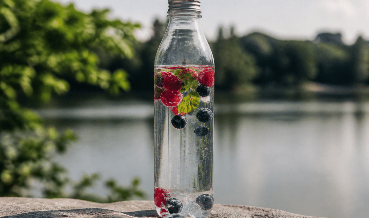 Bouteille transparente posee verticalement avec liquide attractif dedans