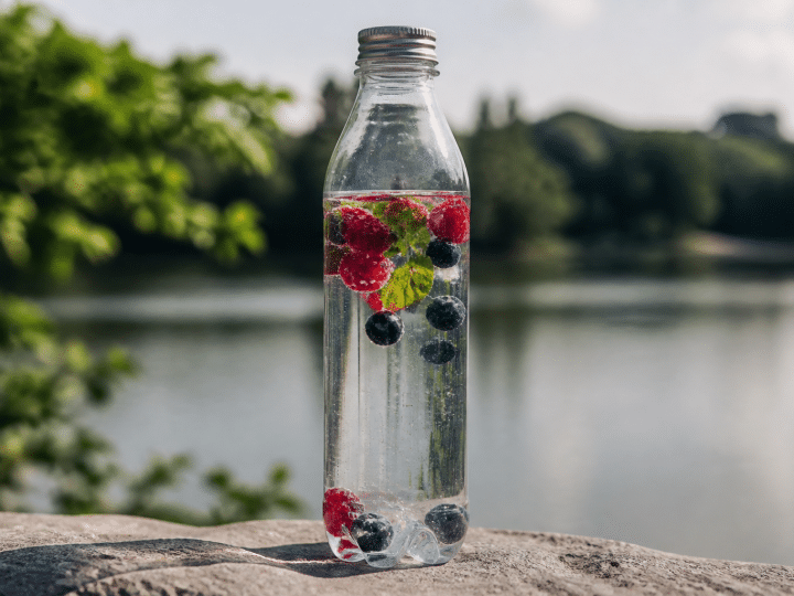 Bouteille transparente posee verticalement avec liquide attractif dedans