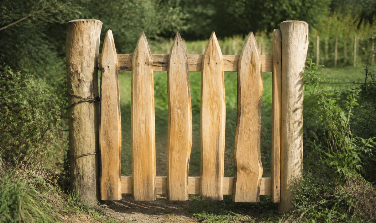 Portail rustique en bois brut debout entre deux poteaux verticaux