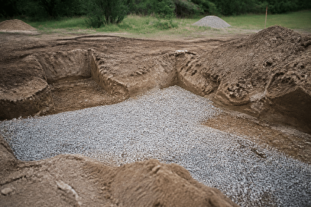 Excavation de terrain avec couche de gravier compacté visible