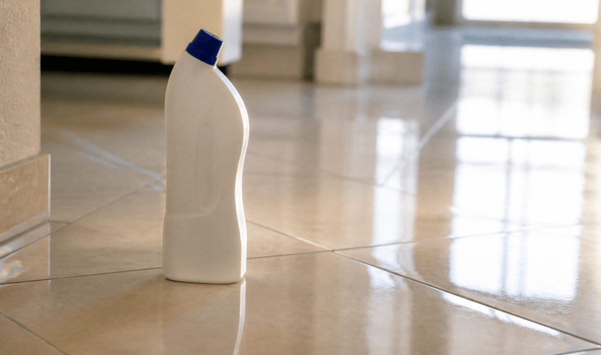 Bouteille de produit nettoyant posee sur sol carrelage brillant