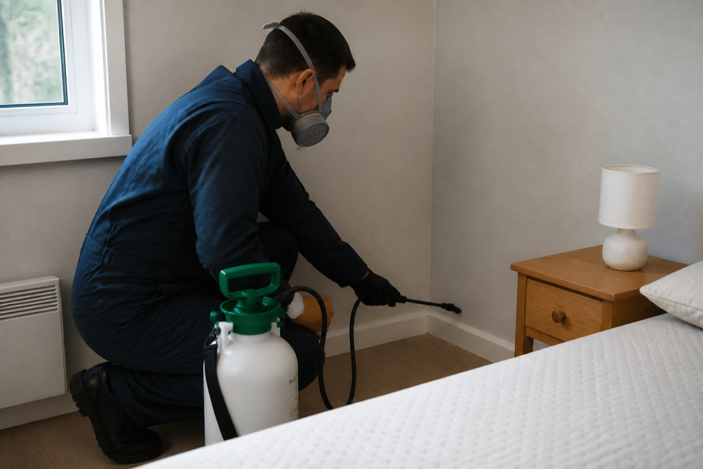 Technicien pulverisateur traitant infestation nuisibles dans chambre