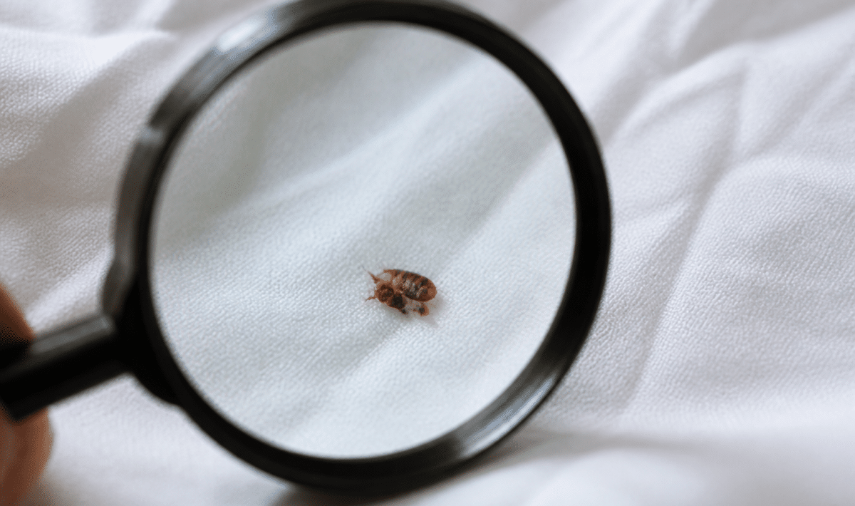 Punaise de lit écrasée sur drap blanc avec loupe grossissante