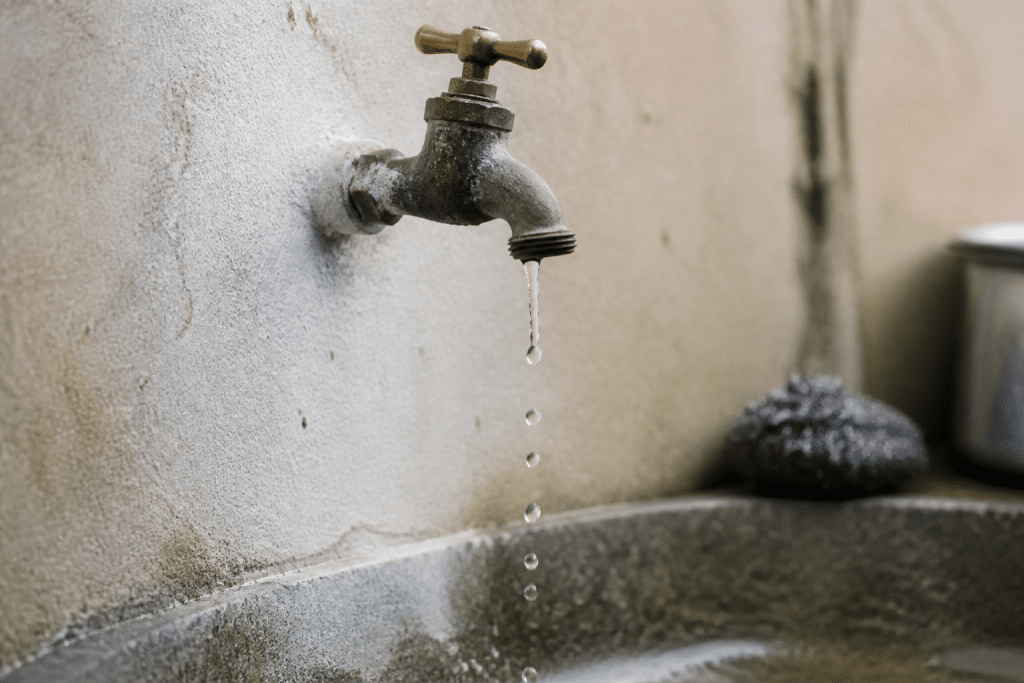 Robinet qui coule lentement avec eau faible et gouttes visibles