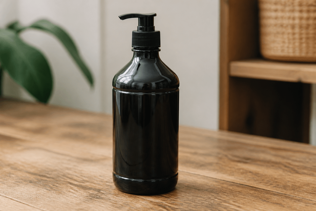 Bouteille de savon noir liquide sur surface en bois