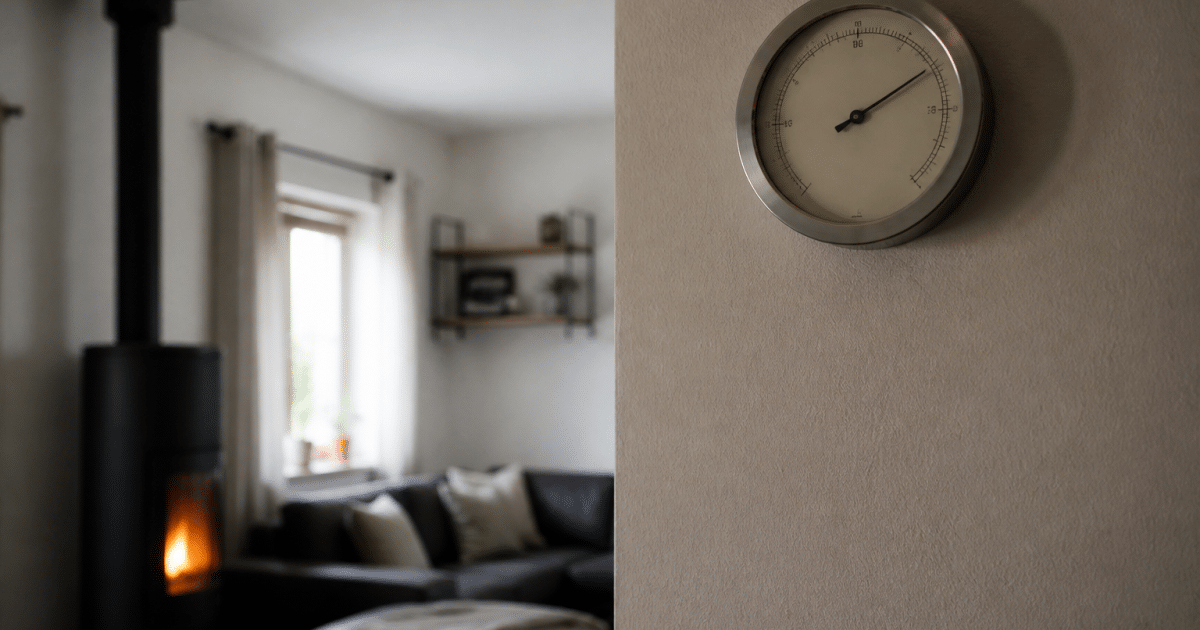 Thermometre mural affichant vingt degres dans salon chauffe