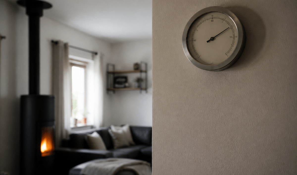 Thermometre mural affichant vingt degres dans salon chauffe