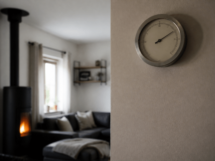 Thermometre mural affichant vingt degres dans salon chauffe