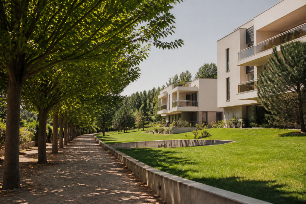 Allee ombragee, pelouses vertes et architecture recente
