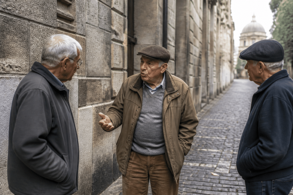 Residents discussing on street with historic buildings background