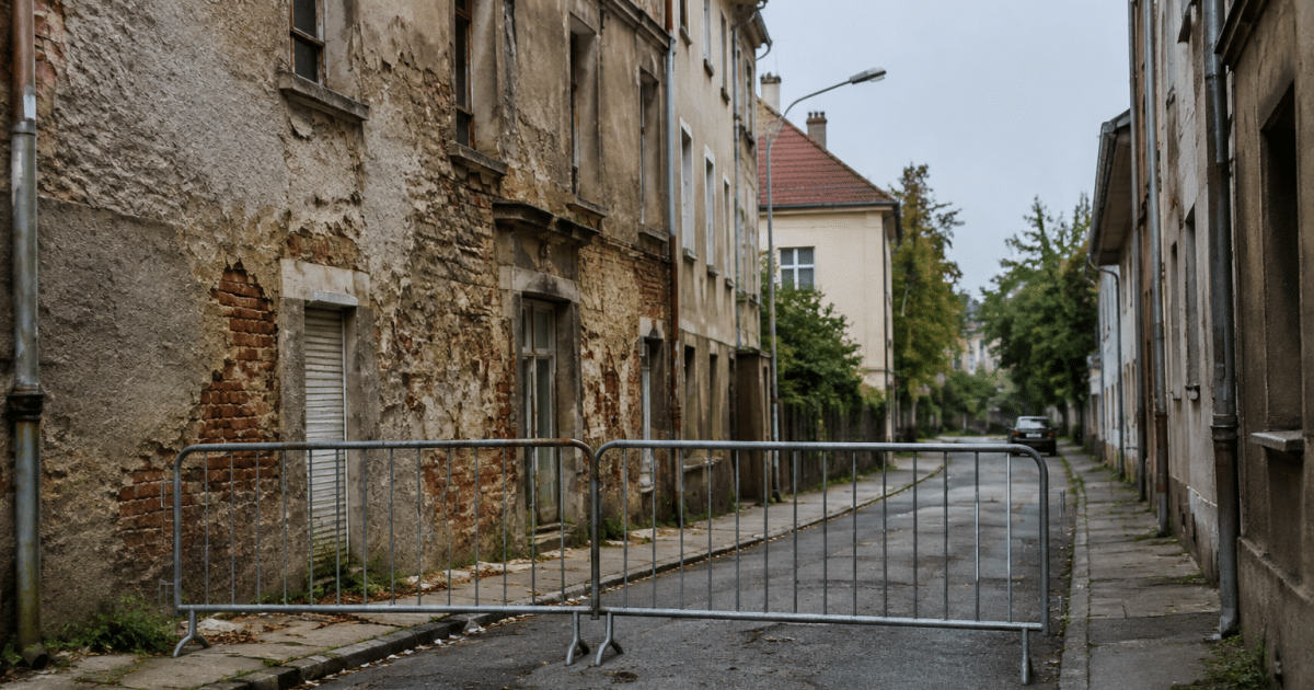Rues délabrées avec immeubles dégradés et barrières de sécurité fermées