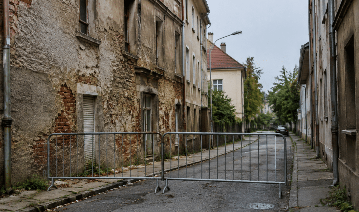 Rues délabrées avec immeubles dégradés et barrières de sécurité fermées