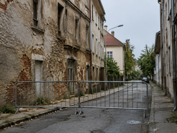 Rues délabrées avec immeubles dégradés et barrières de sécurité fermées