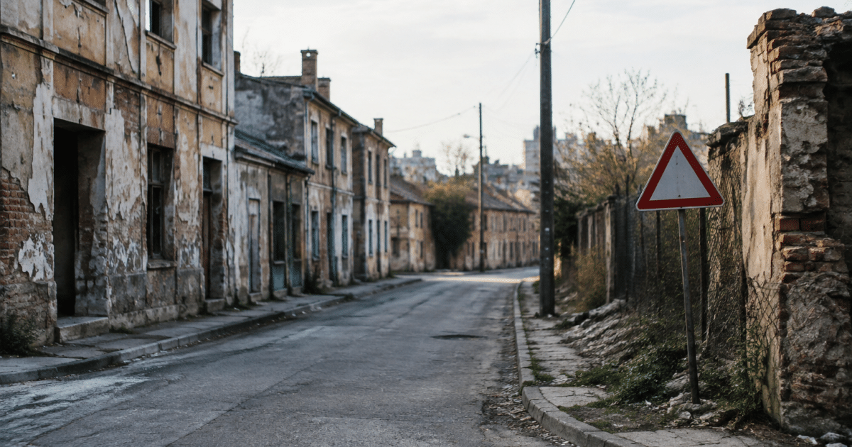 Rues desertes de la ville avec batiments delabres et panneau d'avertissement