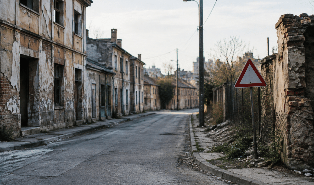 Rues desertes de la ville avec batiments delabres et panneau d'avertissement