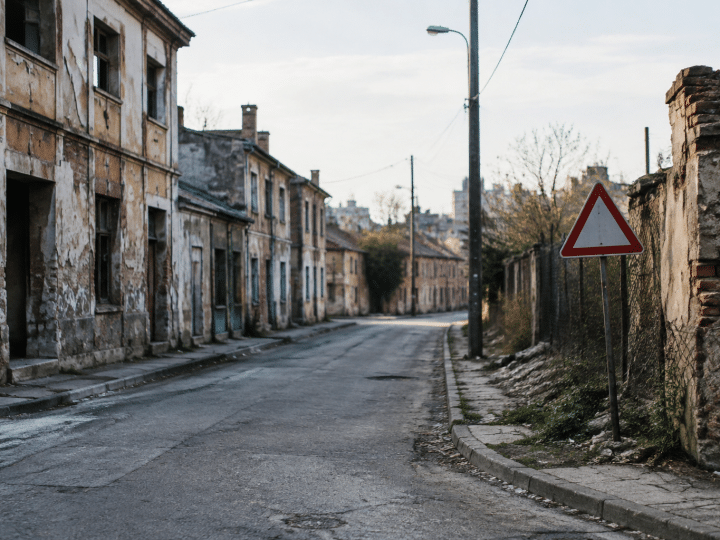 Rues desertes de la ville avec batiments delabres et panneau d'avertissement