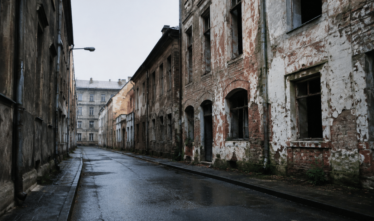 Rue urbaine sombre avec facades degradees et bâtiments abandonnes