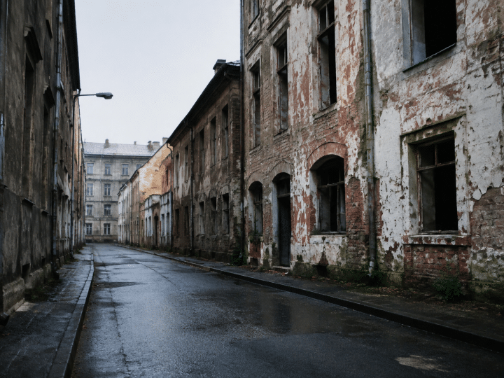 Rue urbaine sombre avec facades degradees et bâtiments abandonnes